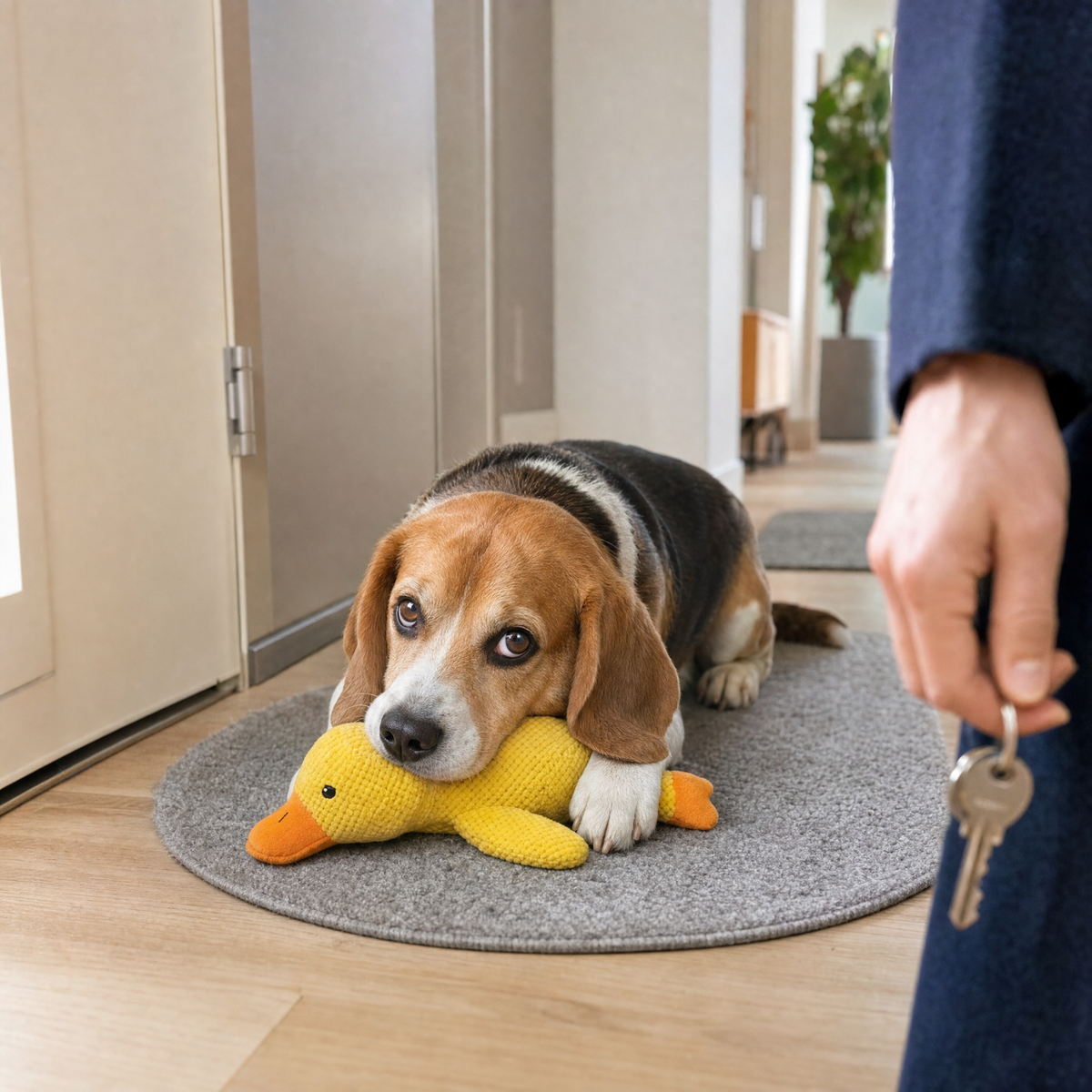 Beagle spokojnie leży z kaczką, gdy właściciel wychodzi z domu